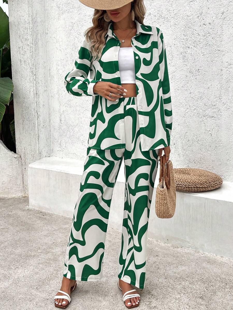 Breezaya Women's Wave Print Shirt Top And Wide Leg Pants Casual Set