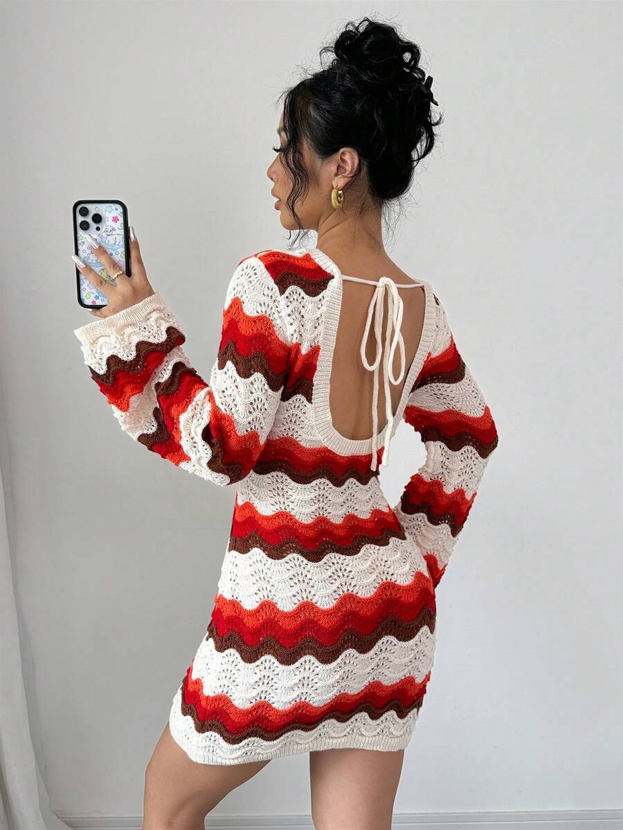 Chiquease Women's Wavy Stripe Backless Tie-Up Long Sleeve Crop Knitted Sweater Dress, Fall/Winter