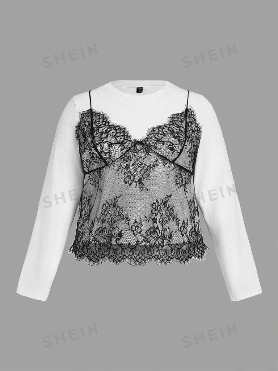 SHEIN MOD Camiseta casual de manga larga de 2 en 1 con parche de encaje de talla grande para mujeres, otoño e invierno