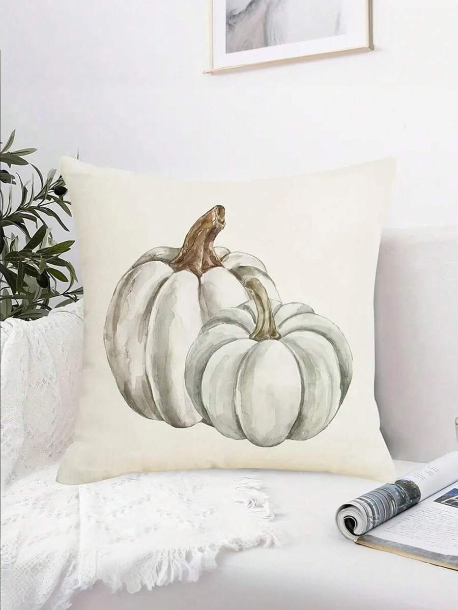 2/1 pieza Fundas de almohada de mezcla de lino lavables a máquina, funda de almohada con patrón simple de calabaza de acuarela de Acción de Gracias para decoración de otoño en porche, terraza, sofá, cojín, sala de estar y exterior (sin núcleo de almohada)