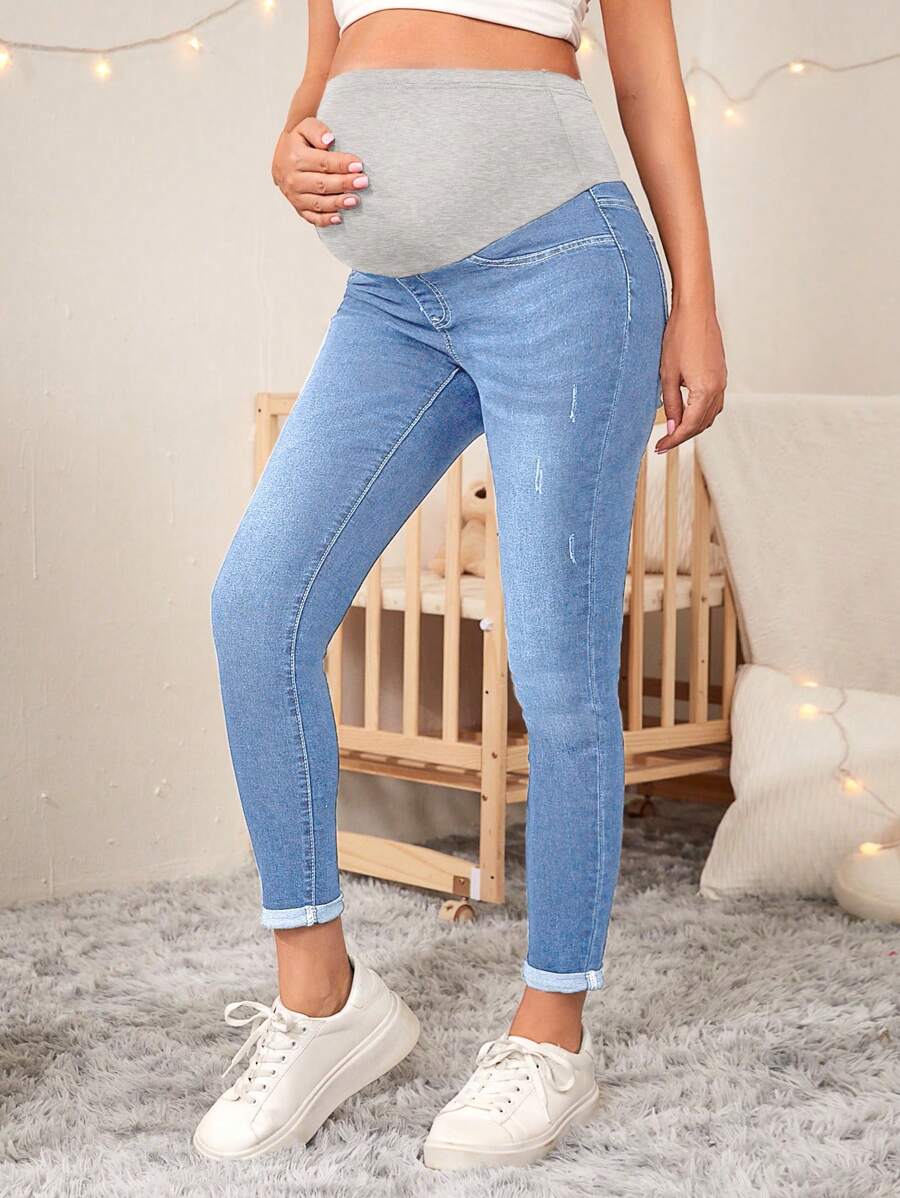 SHEIN Maternity High Waisted Color Block Skinny Jeans
