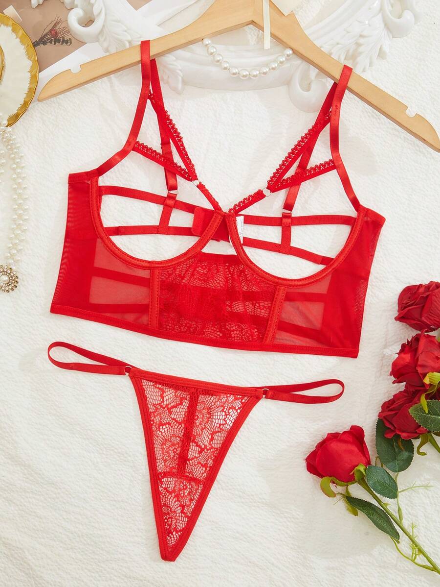 SHEIN Conjunto de lencería sexy con encaje y contraste de malla para mujer