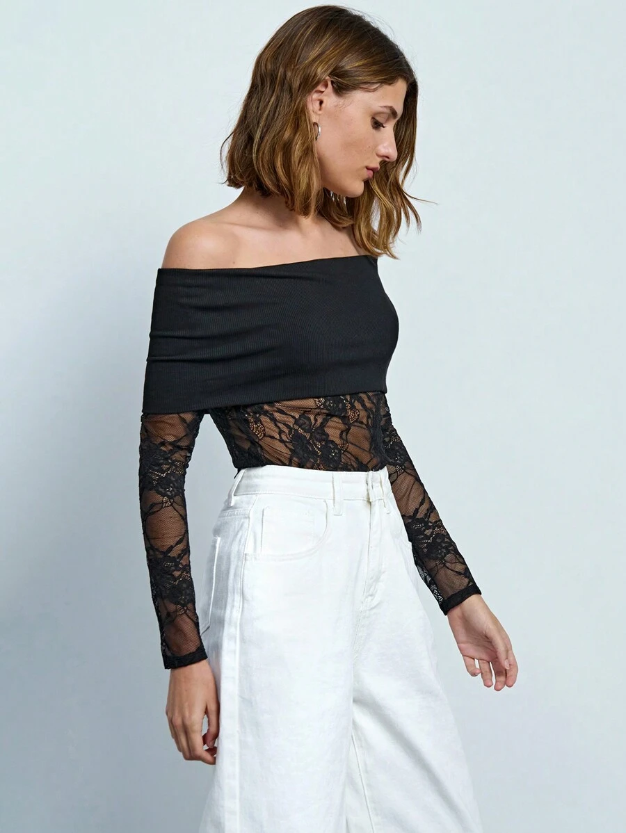 Maija Women's Elegant Black Off-Shoulder Contrast Lace Sheer T-Shirt, Autumn Valentine's Day Valentine Day Clothes