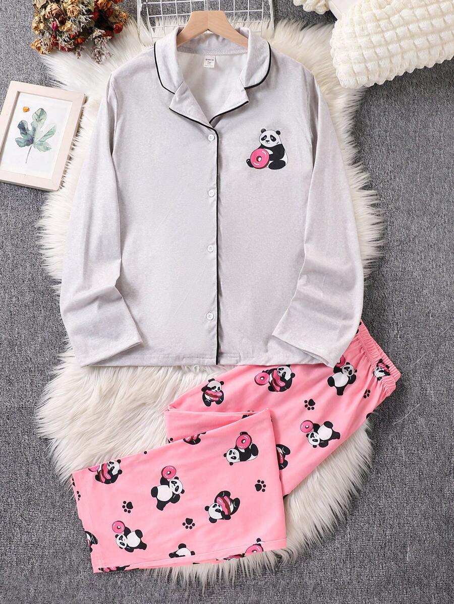 2pcs/Pajama Set Cute Panda & Donut Print Cardigan Leisure Wear For Teenage Girls, Long Sleeve Top And Pants