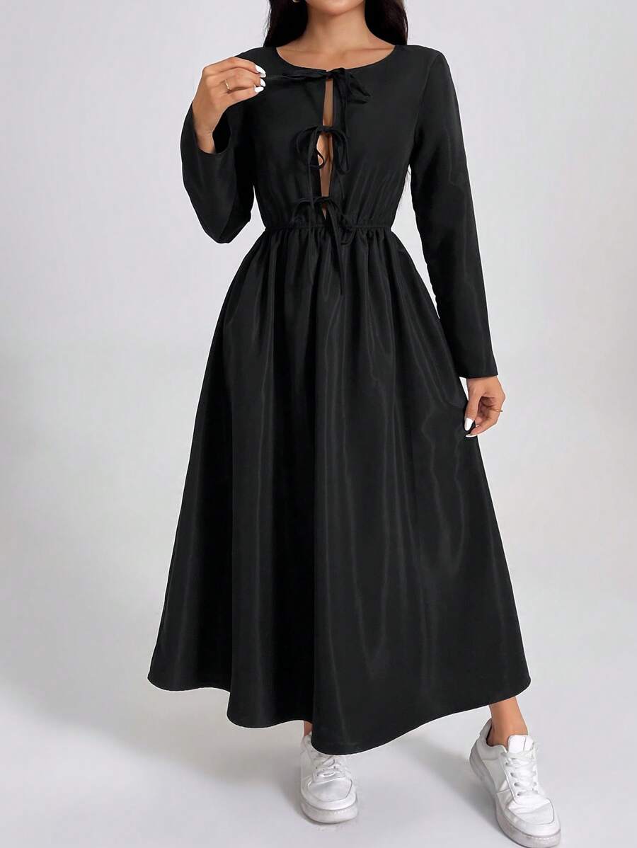 SHEIN PETITE Women's Black Long Sleeve Basic Fashion Dress With Bow Tie At Waist