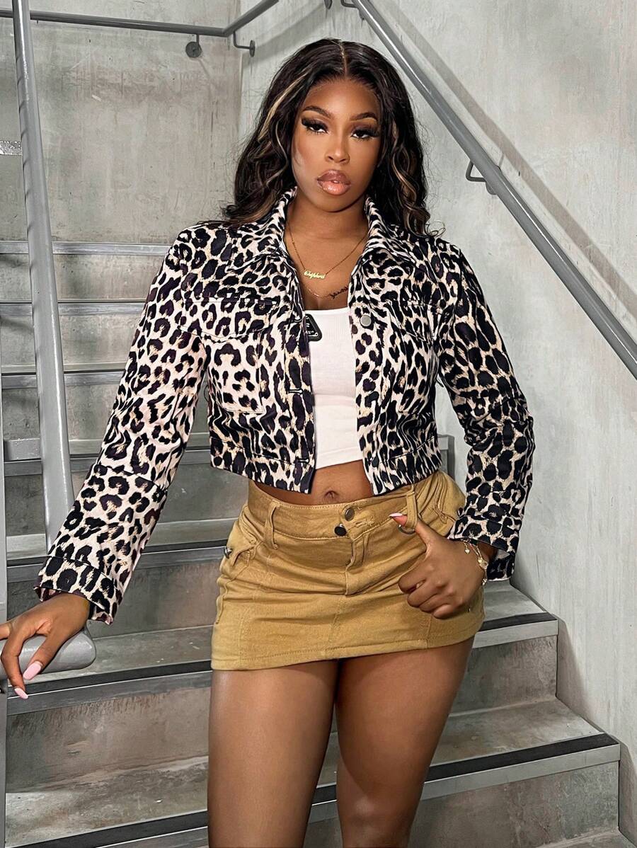 VaVaBold Women's Leopard Print Long Sleeve Pocket Casual Short Jacket