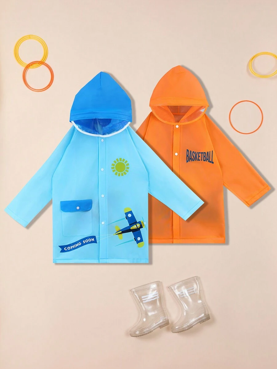 Toddler Boys' Outdoor Basketball & Plane Print Waterproof Raincoat For School, Hiking, Play