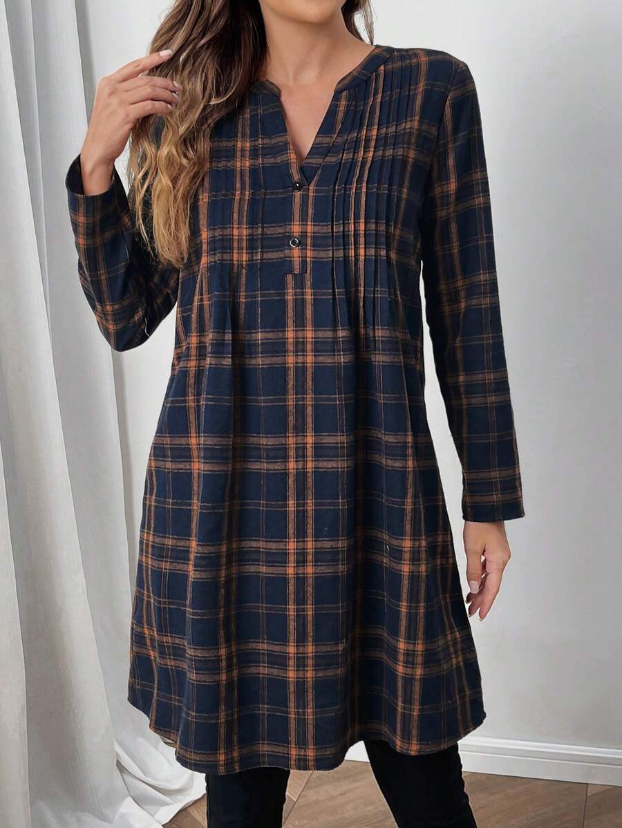 EMERY ROSE Fall Women Clothes Women's Front Button Long Sleeve Plaid Casual Mini Dress