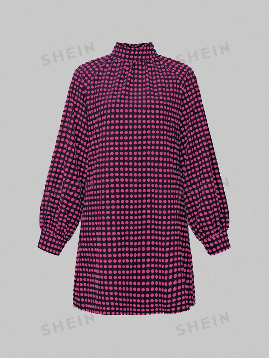 Chiquease Vestido de manga farol con cuello mao, estampado de lunares, para primavera y otoño, casual