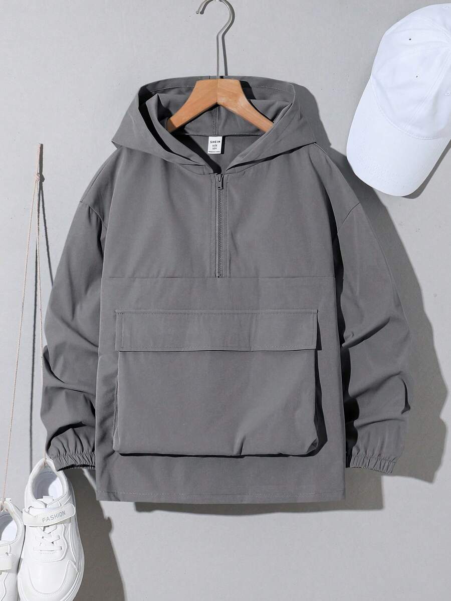 SHEIN Chaqueta ligera con capucha, media cremallera y bolsillos para niño preadolescente, informal, adecuada para uso diario, ocio, viajes, deportes, aplicable para primavera, verano, otoño, invierno