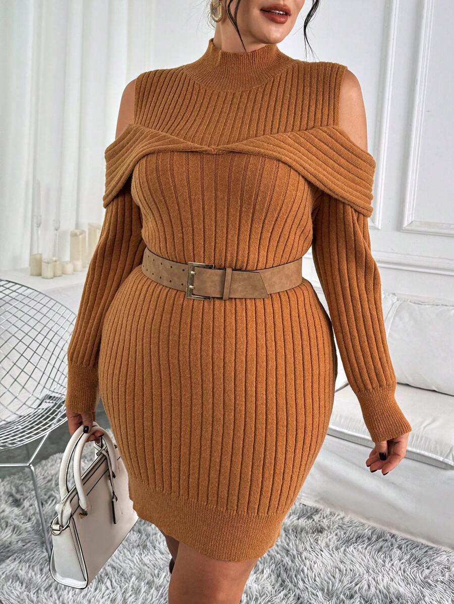 SHEIN Clasi Plus Size Women Camel Open Shoulder 2 In 1 Lantern Sleeve Elegant Casual Thanksgiving Warm Sweater Dress
