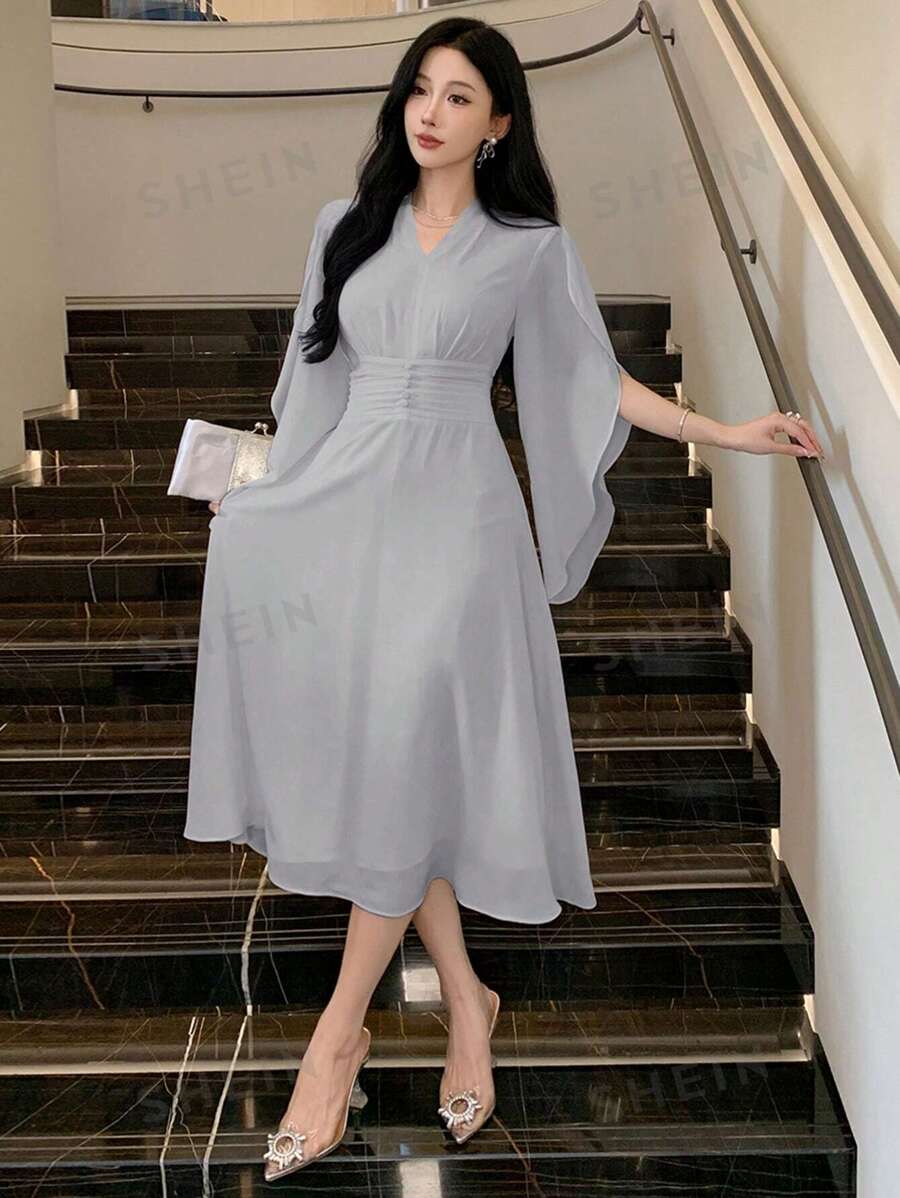 DAZY Vestido midi de chifón fruncido con escote en V para mujeres, vestido para cumpleaños, Año Nuevo o baile de gala