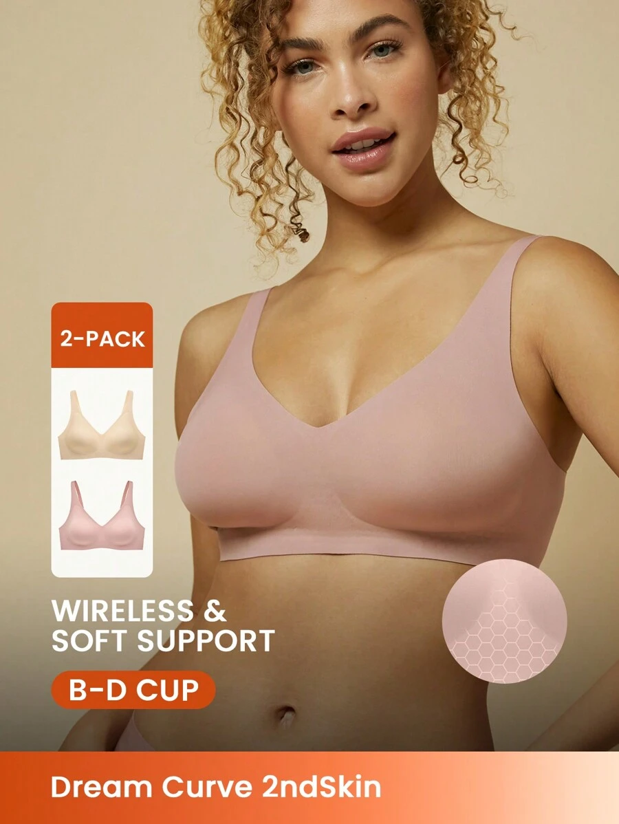 LUVLETTE Dream Curve 2ndSkin Wireless Seamless Plunge Lounge T-Shirt Lingerie As Outerwear Sticky Bra No Show Underwear 2 Pack