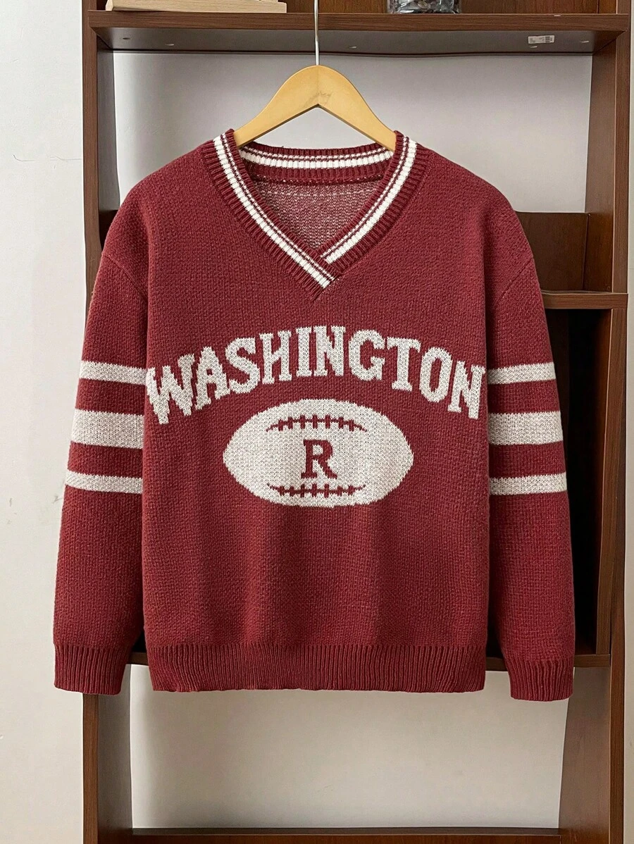 SHEIN 1 pieza Suéter cálido con estilo colegial y casual diario para adolescentes, con cuello en forma de corazón de pollo, a rayas rojas y blancas, sin patrón de tejido americano de fútbol americano. Ropa de regreso a la escuela; Atuendos de otoño; Ropa de adolescente; Chaquetas de adolescente otoño/invierno