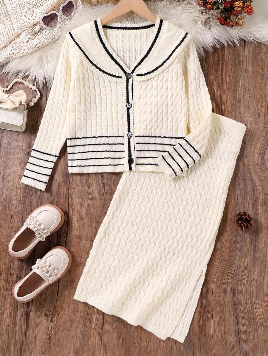 SHEIN Conjunto de 2 peças/roupas de outono para meninas, cardigan de malha grossa e saia curta para meninas pré-adolescentes