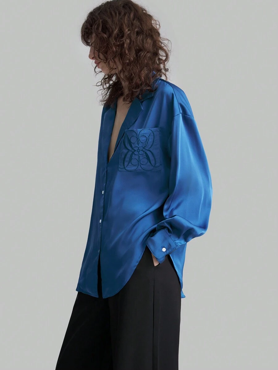 Ontre Women's Contrast Collar Long Sleeve Embroidered Pocket Shirt, Autumn Back To School Clothes