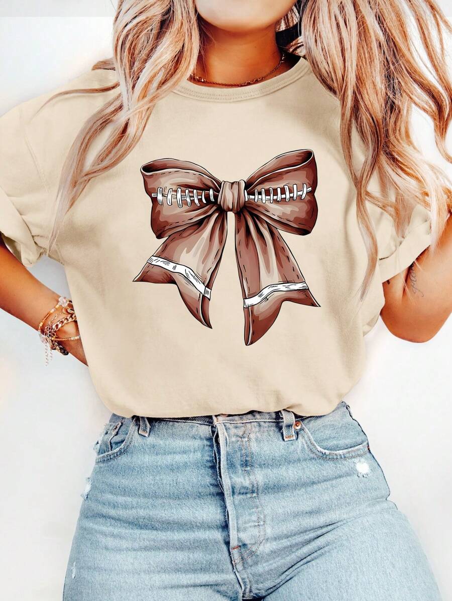 Tween Girl Bow Print Casual Crew Neck Knit T-Shirt, Cute And Comfortable