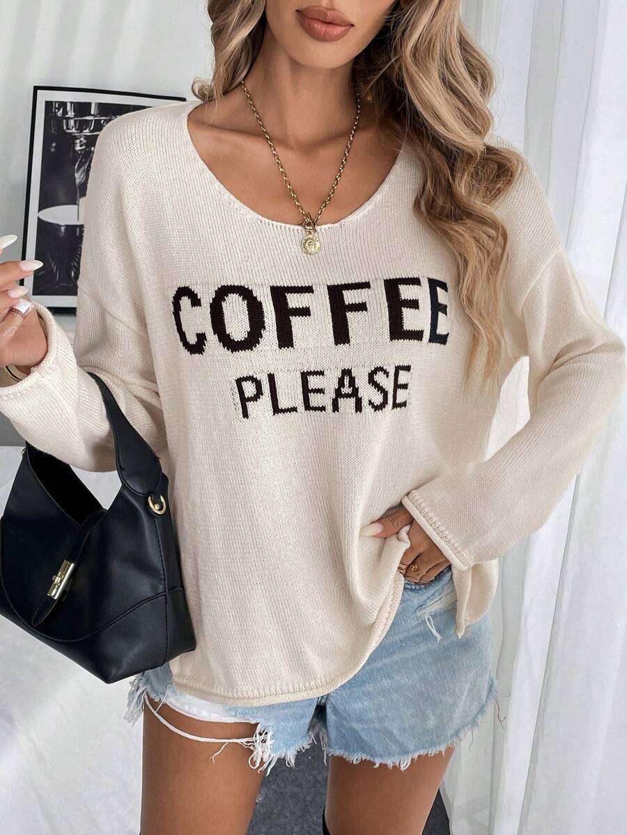 Chiquease Women Casual Coffee Themed Pullover Sweater