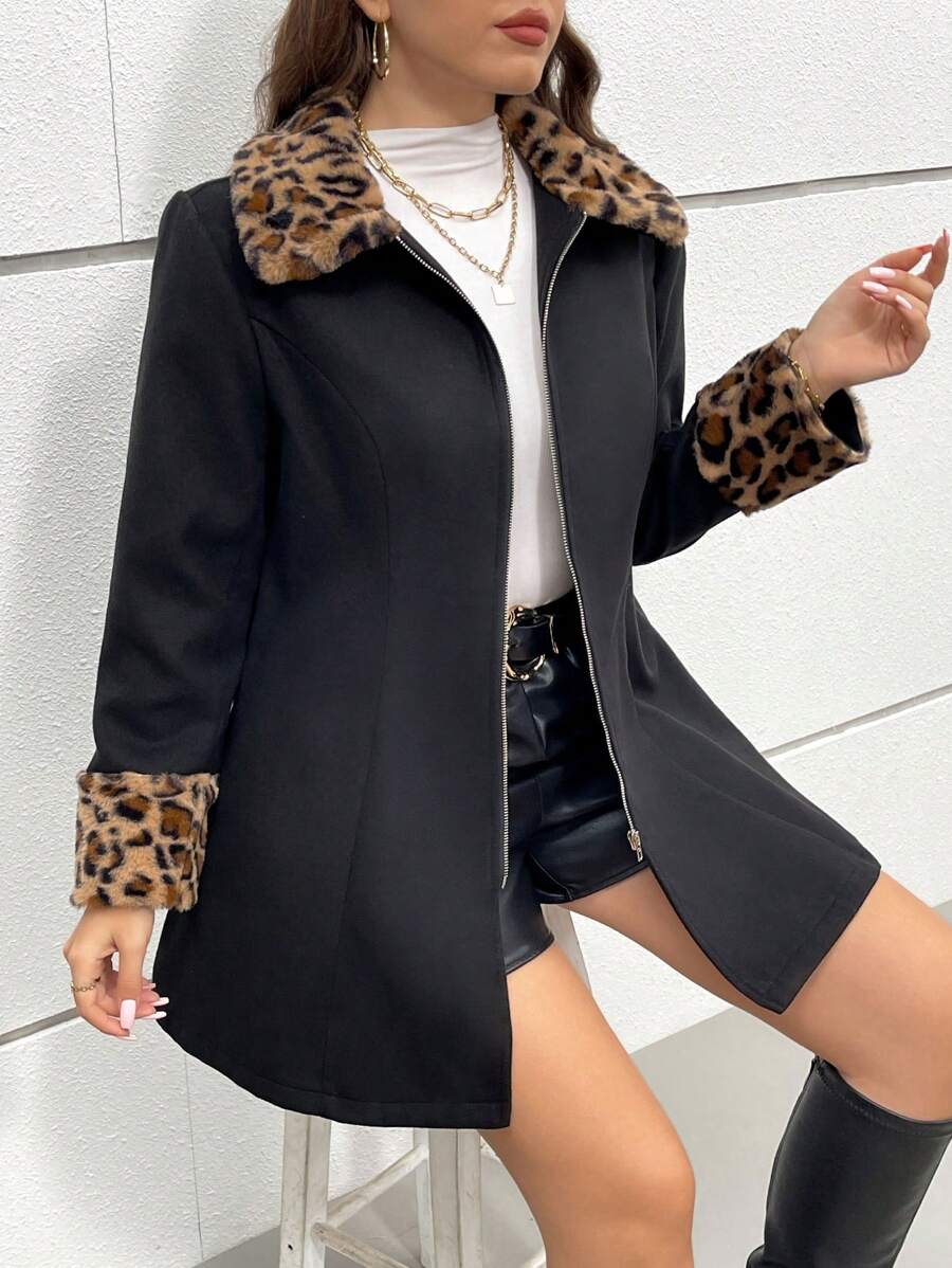 SHEIN Essnce Chaqueta con cremallera negra de vestir informal con parche de estampado de leopardo para mujer talla grande, ropa de mujer de otoño e invierno, abrigos de invierno, conjuntos