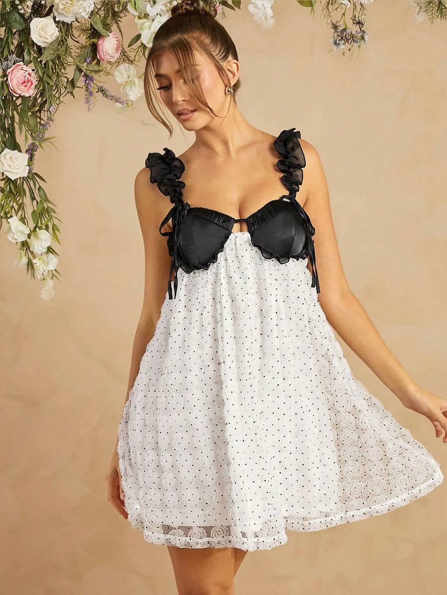 L'Amorae Satin Dotted Floral Mesh Babydoll Cami Dress