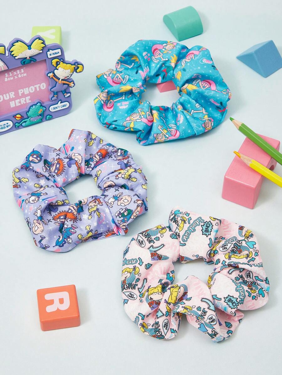 Nick 90s X SHEIN 3pcs/Pack Animation Scrunchies, Suitable For Daily Wear, Hair Ties, Ponytail Holders, Hair Elastics