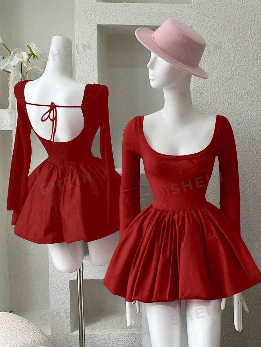 INAWLY Vestido mini de manga larga y cuello redondo de unicolor para mujer, primavera y verano