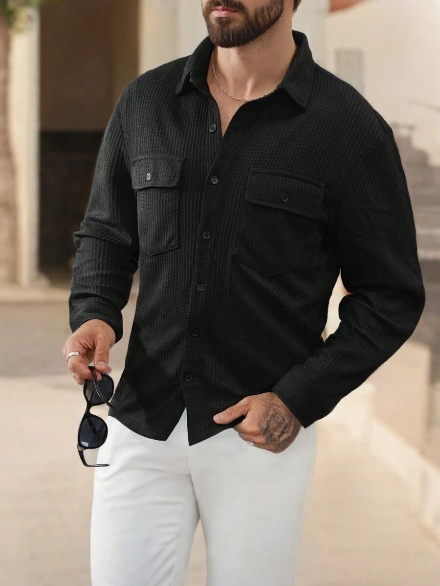 Manfinity Hypemode Camisa formal casual de manga larga con botones y bolsillo para hombre