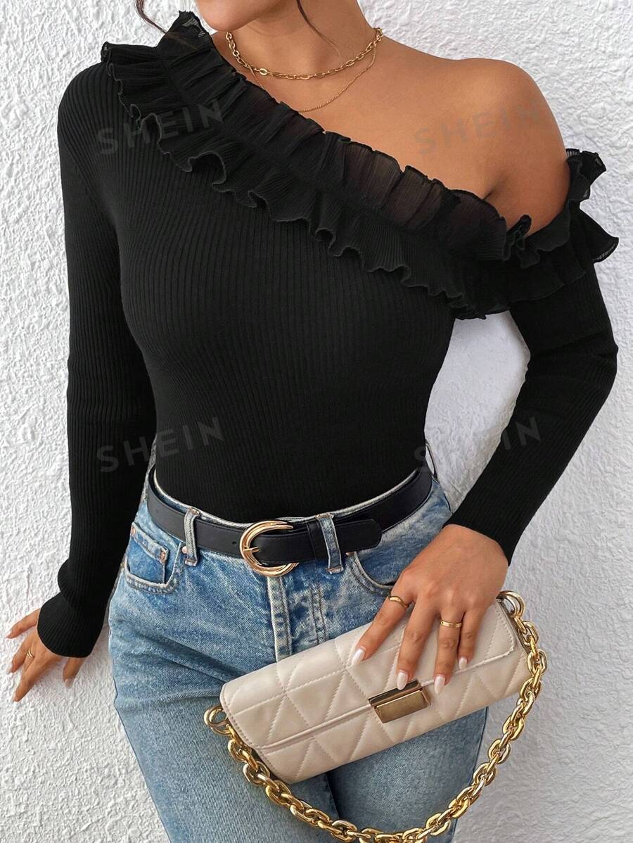 SHEIN Clasi Jersey de manga larga con hombro asimétrico y ribete de volantes para mujer, color negro