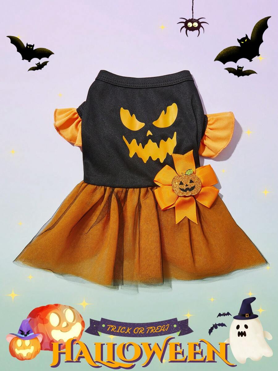 PETSIN 1pc Pet Halloween Funny Expression Print Dress Pumpkin & Bow Decor Orange Black Mesh Cap Sleeve Dog Dress
