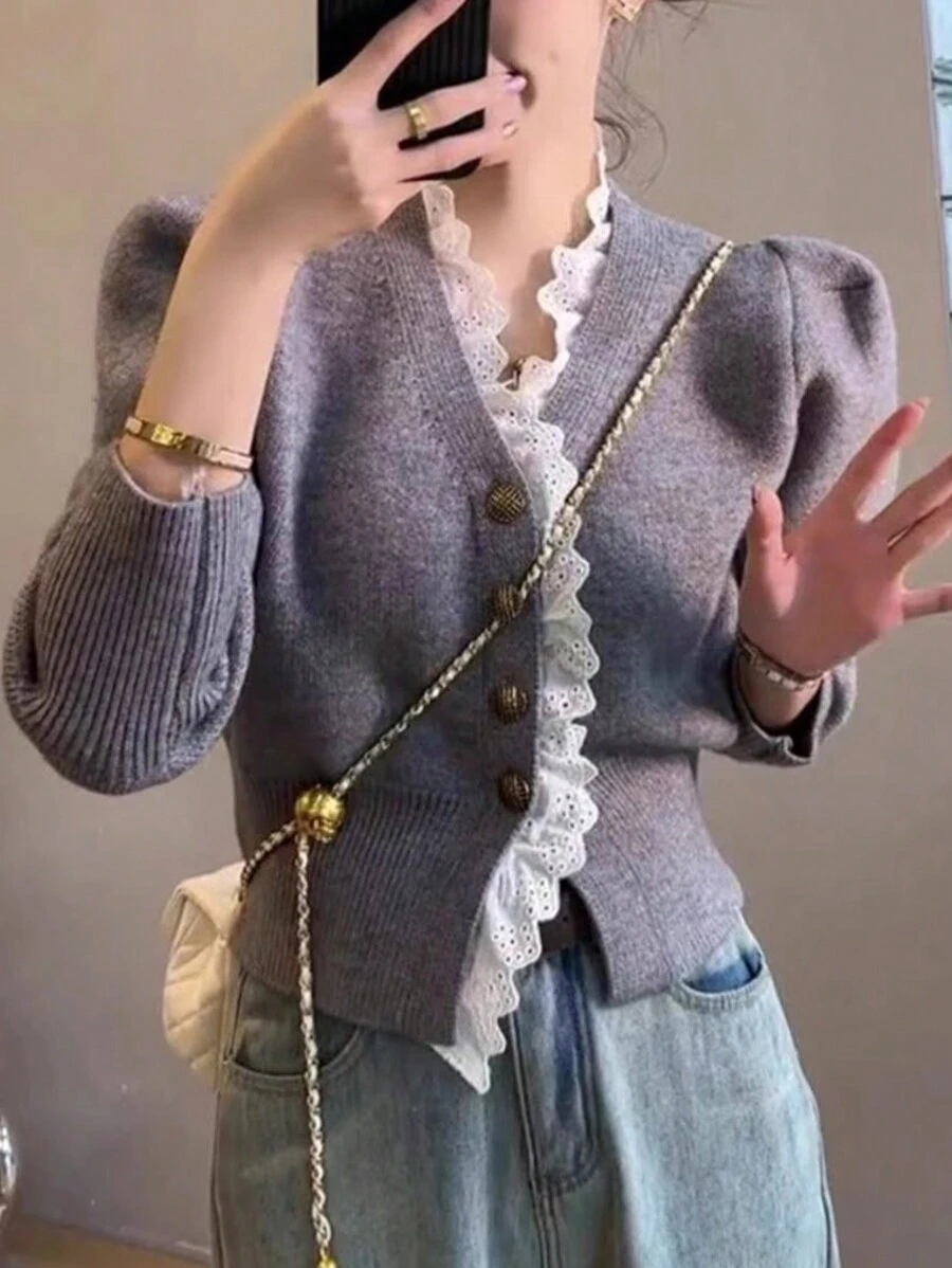 DAZY Women's Spring & Autumn Casual Lace Patchwork Cardigan