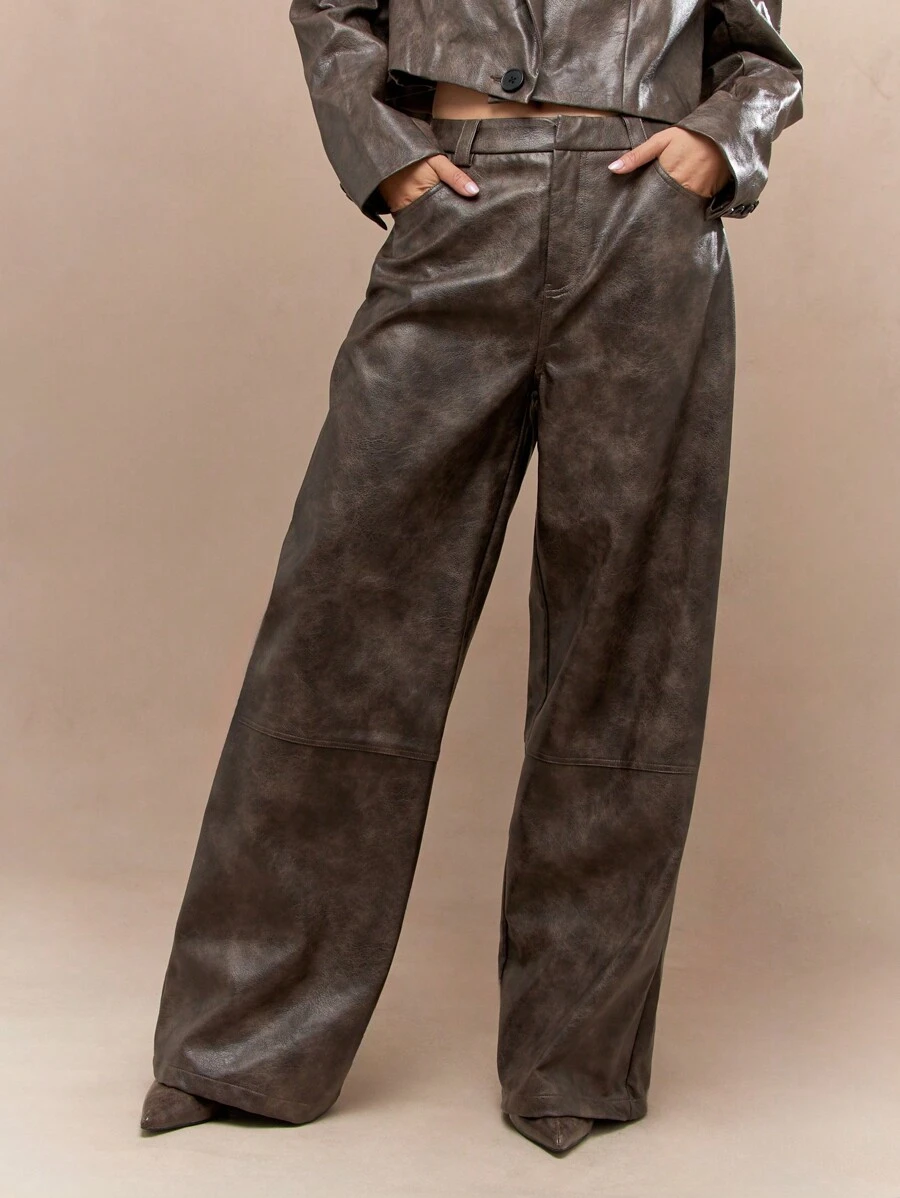 MISSGUIDED Spodnie Baggy z szerokimi nogawkami z PU Washed Office Wear