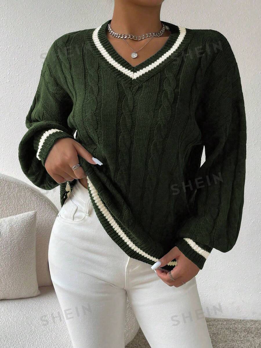 Chiquease Jersey holgado, informal, de cuello en V y hombros caídos para mujer, para otoño/invierno, con mangas largas