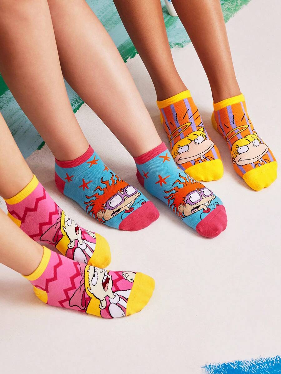 Nick 90s X SHEIN 3pairs Women's Cartoon Character Color Block Ankle Socks