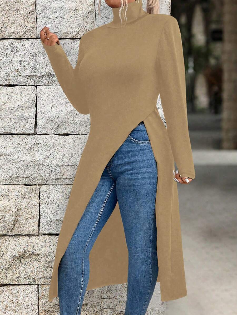SHEIN LUNE Plus Size Solid Color Stand Collar Long Sleeve Split Hem Casual T-Shirt