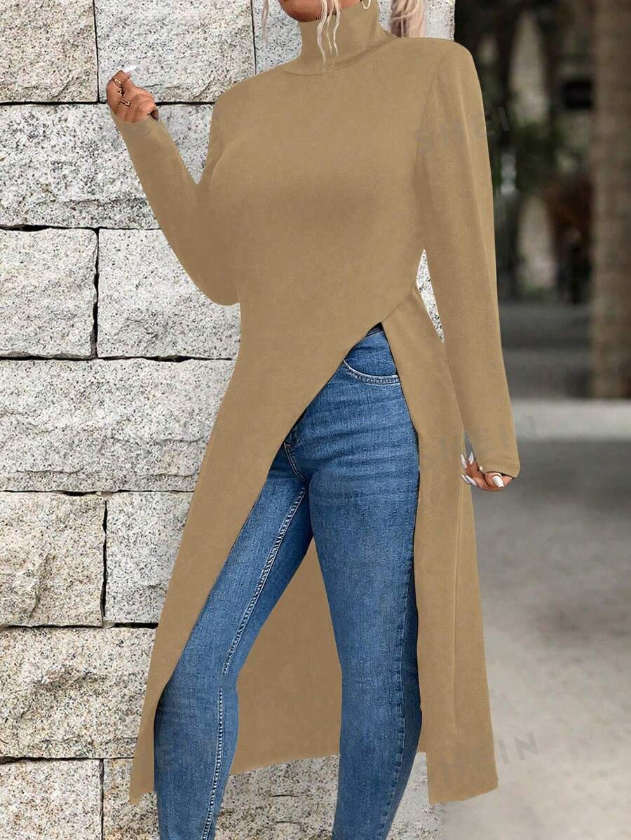 SHEIN LUNE Camiseta casual de manga larga con cuello alto, unicolor y bajo dividido, talla grande