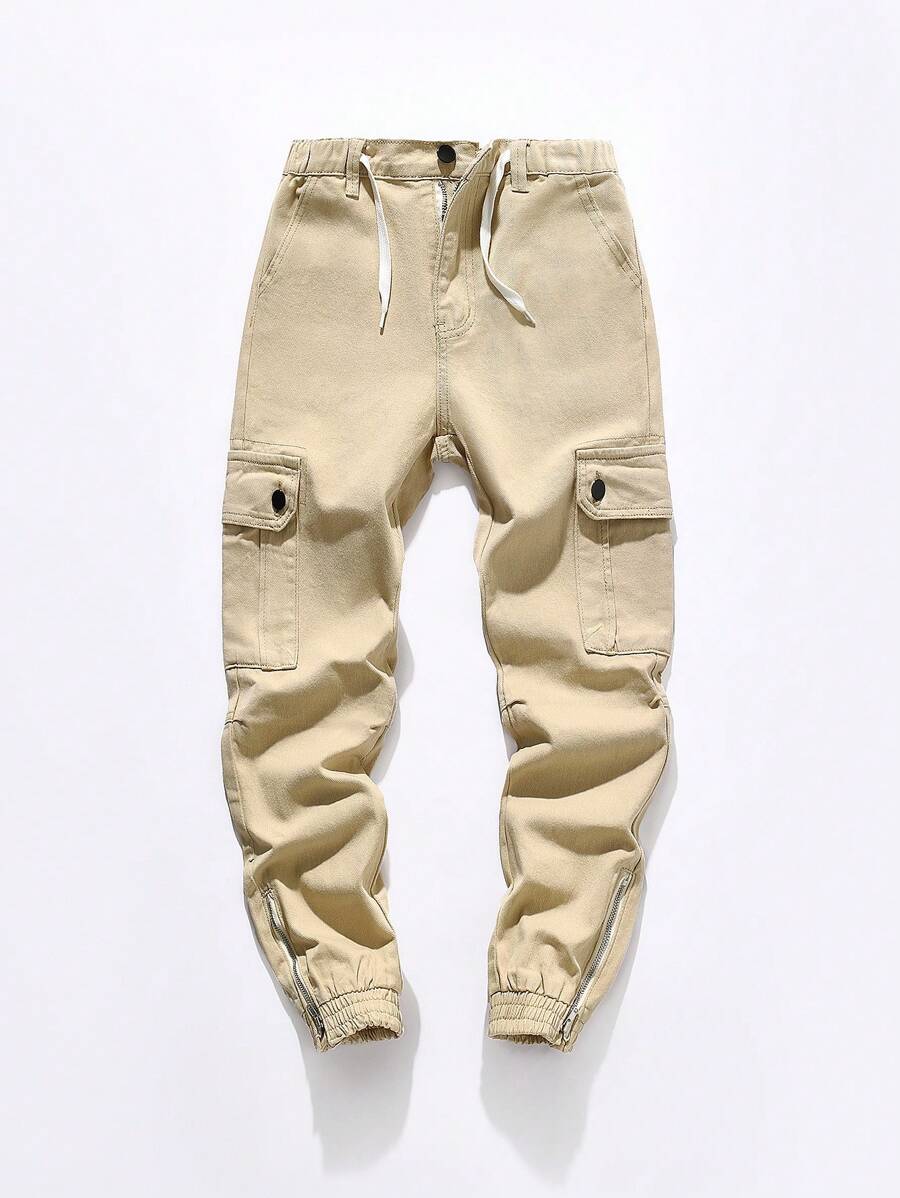 TWEEN BOY URBAN STREET CASUAL DRAWSTRING CARGO JOGGER JEANS WITH POCKETS AND ZIP FASTENING HEM