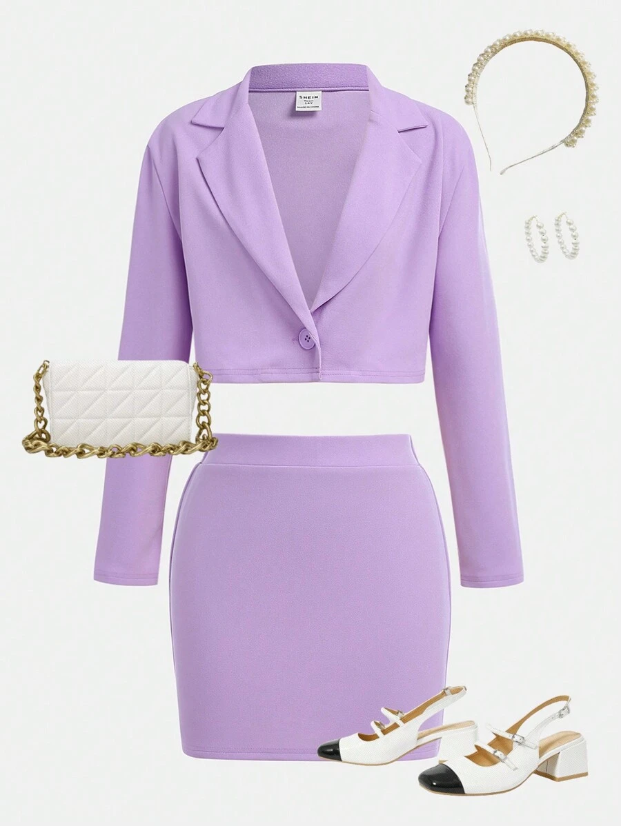SHEIN 2pcs/Set Teen Girl Purple Lapel Crop Jacket & Mini Skirt Elegant Casual Outfit