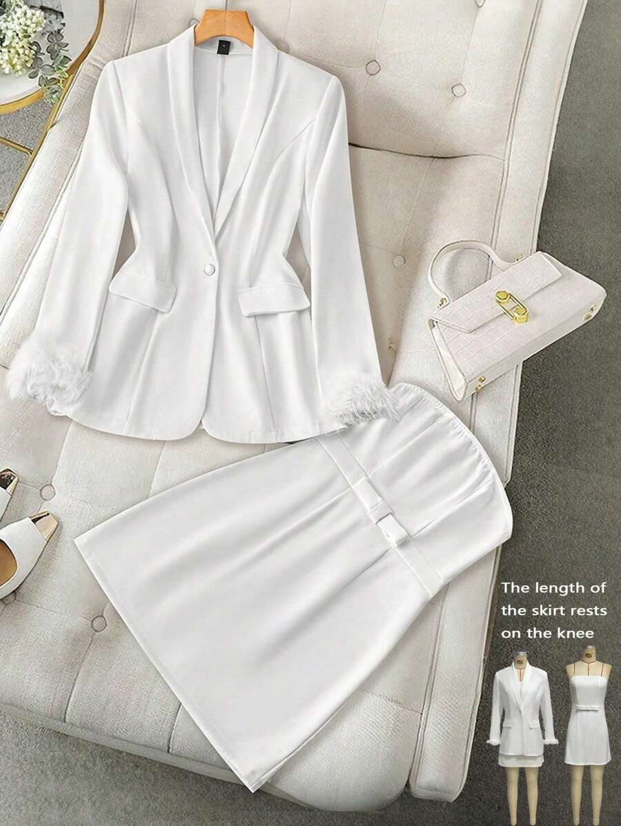 Calvaya Women Ruffle Hem Faux Pocket Shirt And Mini Skirt Elegant Suit