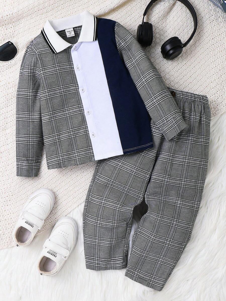 2pcs/Set Young Boys Young Girls Fashionable Casual College Style Plaid Splice Plaid Splice Long Sleeve Shirt With Elastic Waistband Pants Set,Super Comfortable, Versatile And Affordable, Suitable For Winter, Suitable For Keeping Warm, Suitable For Back To School, Suitable For Daily Use, Suitable For Christmas, Suitable For Birthday Parties, Suitable For Basic And Versatile, Suitable For Halloween,Simple And Plush.