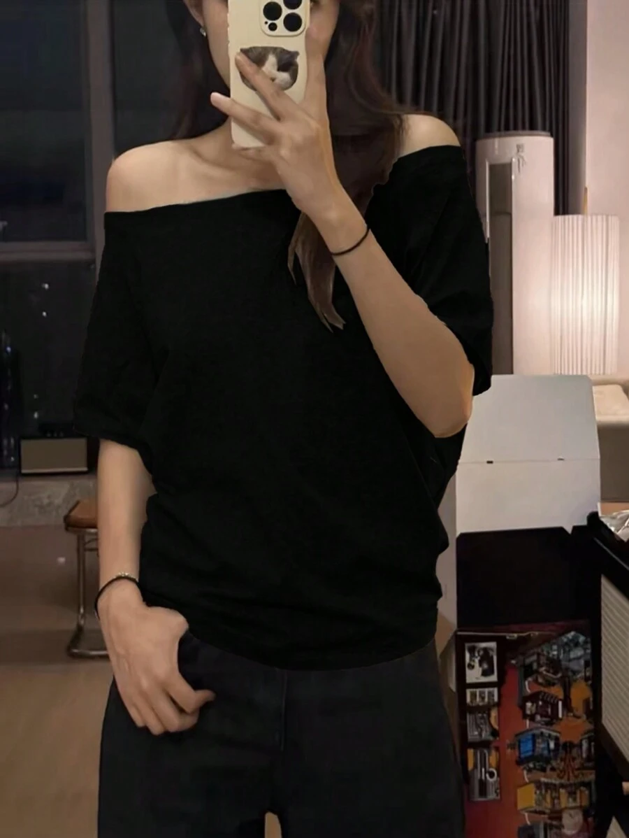 INAWLY Women's Solid Color Off-Shoulder Short Sleeve Casual T-Shirt For Summer