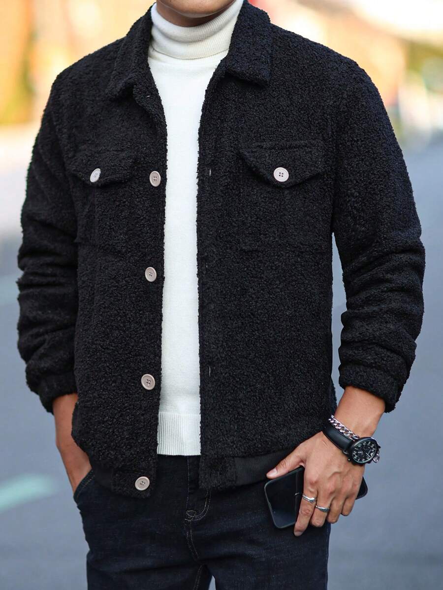 Manfinity Homme Chaqueta tipo teddy con bolsillo con solapa talla grande para hombre
