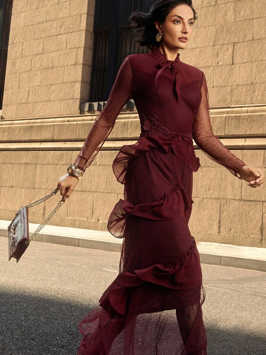 ZEYLAH DOBBY MESH TIE NECK LAYERED RUFFLE TRIM Dress