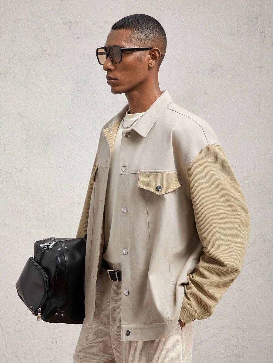 AKNOTIC Business Casual Chaqueta casual de manga larga, cuello vuelto, hombros caídos y apertura frontal suelta para hombre, compuesta de algodón, kaki, broches metálicos, retazos de pana, adecuada para otoño e invierno