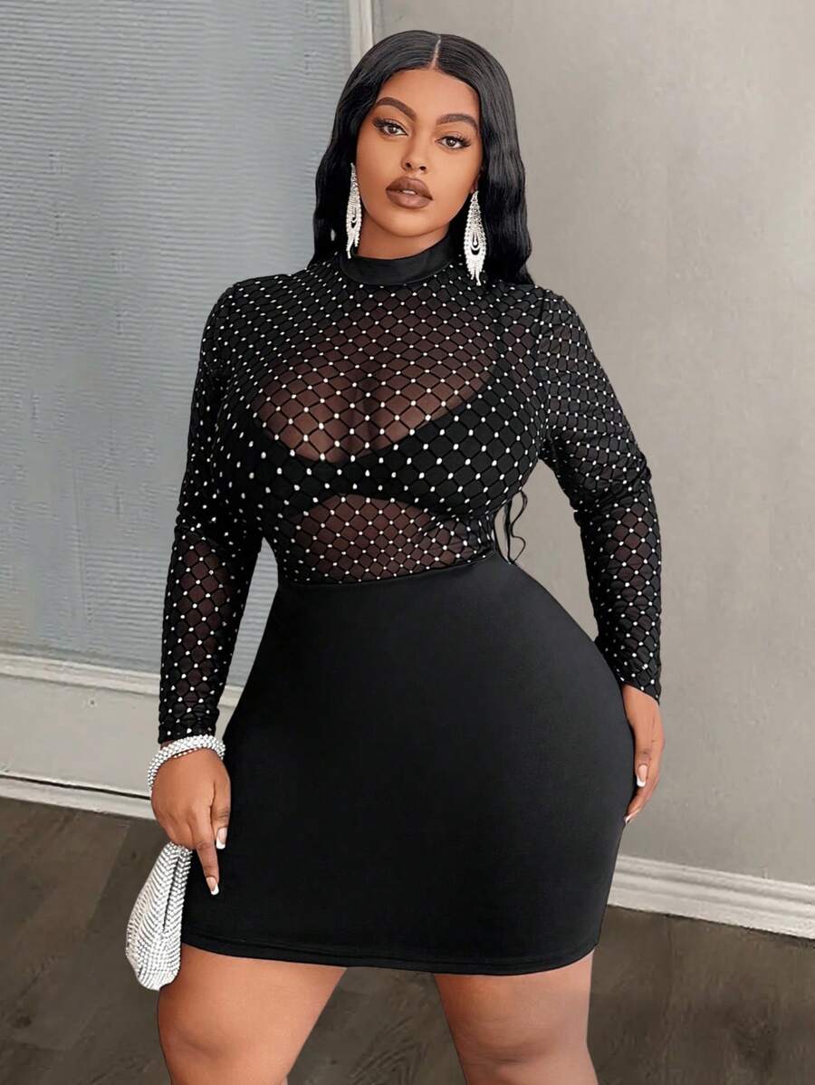 Slaydiva Vestido mini negro sólido y ajustado, elegante, para fiesta, cóctel, evento, cita nocturna, de tela semitransparente con parches de malla con rombos estampados, talla grande