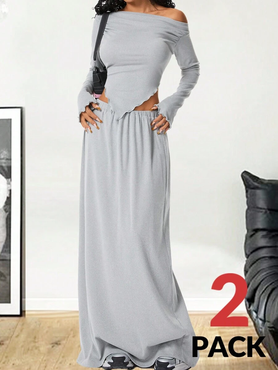 SHEIN EZwear Women's Fall/Winter Back To School Basic Date Night Casual Flannelette Stretchy Comfortable Thermal Lined Rib Knit Off Shoulder T Shirt & Maxi Skirts Sets,Women Fall Sets
