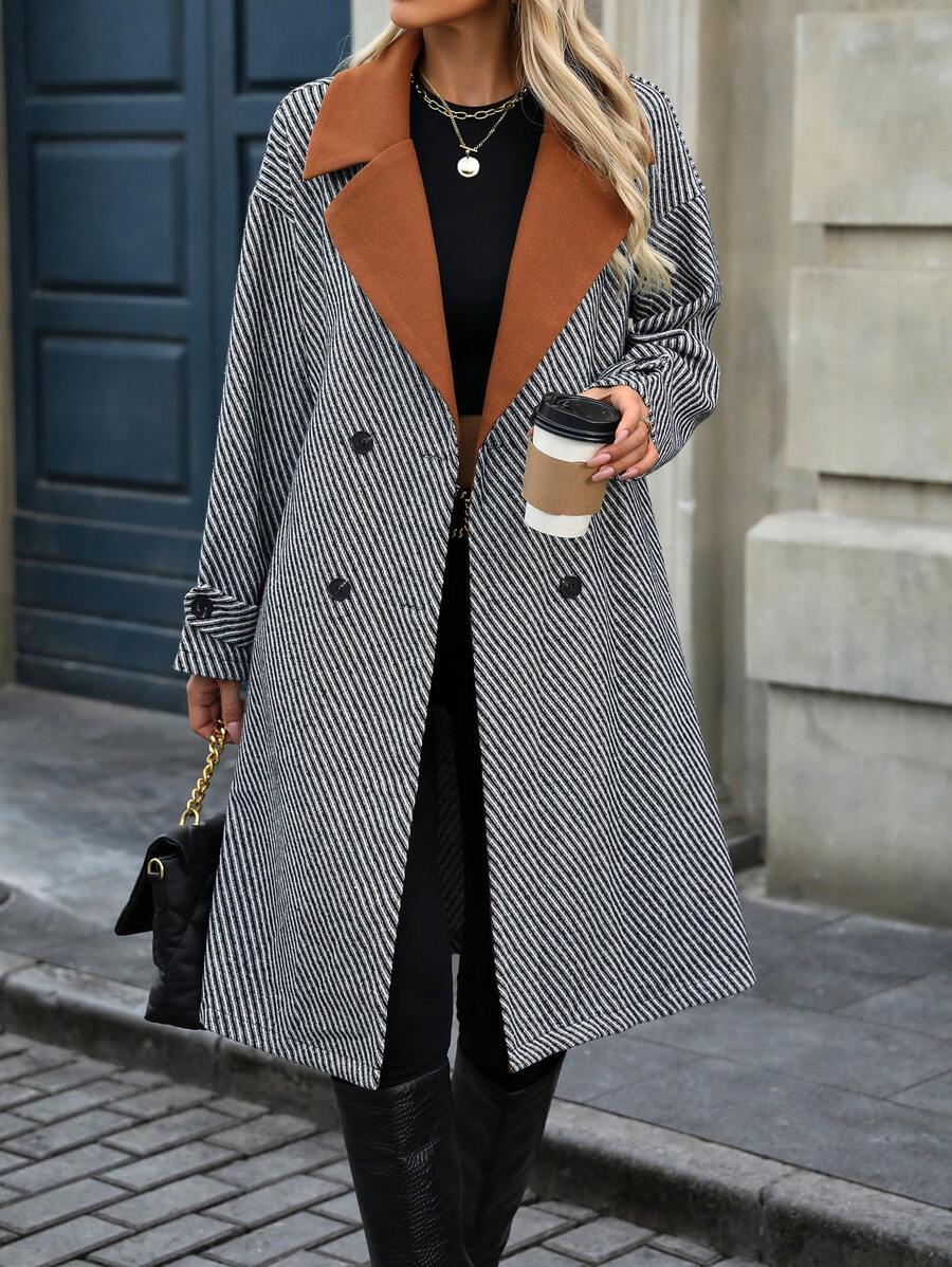 SHEIN LUNE Women's Color Block Drohoulder Long Sleeve Herringbone Long Casual Knitted Blend Coat, Winter
