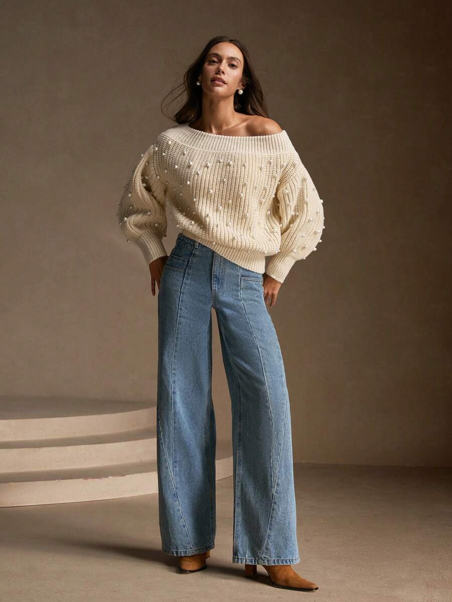 Anewsta Women's Elegant Handmade Beaded Shoulder Lantern Sleeve Sweater, Autumn/Winter