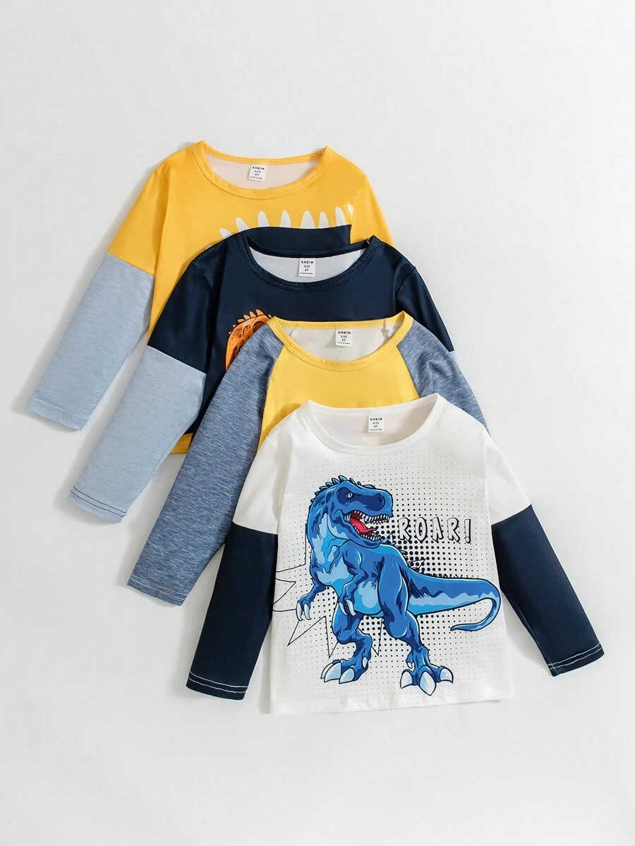 Jonge jongen schattige dinosaurus print patchwork lange mouwen ronde hals T-shirt, lente herfst