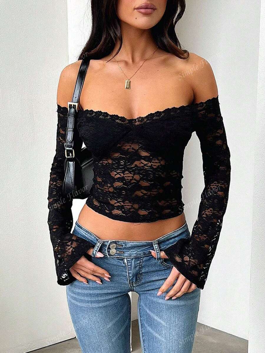Y2K Women Sexy Fitted Off Shoulder Long Sleeve Lace Blouse