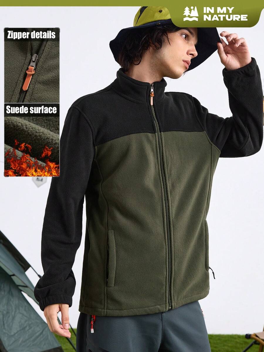 In My Nature Men's Solid Color Splice Front Zip Long Sleeve Simple Casual Outdoor Fleece Jacket